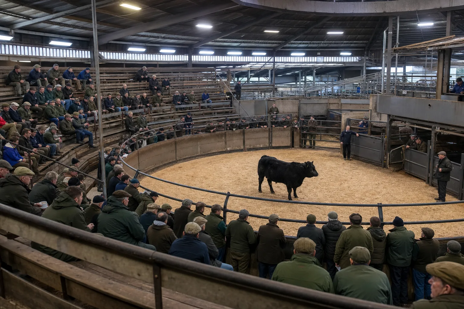 A crowded livestock auction ring on a sale morning